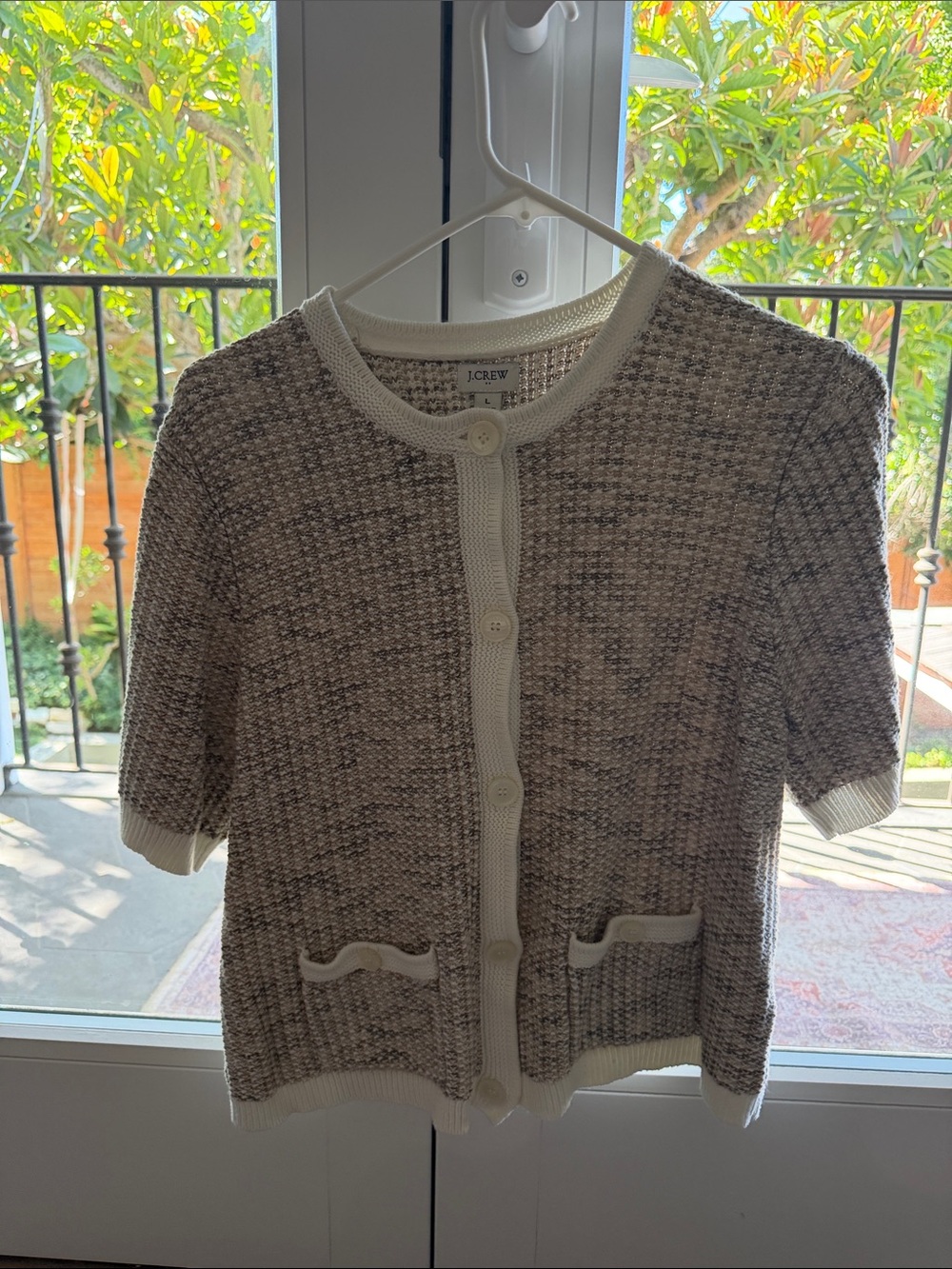 J. Crew Short-Sleeve Textured Knit Cardigan in Cream & Gray